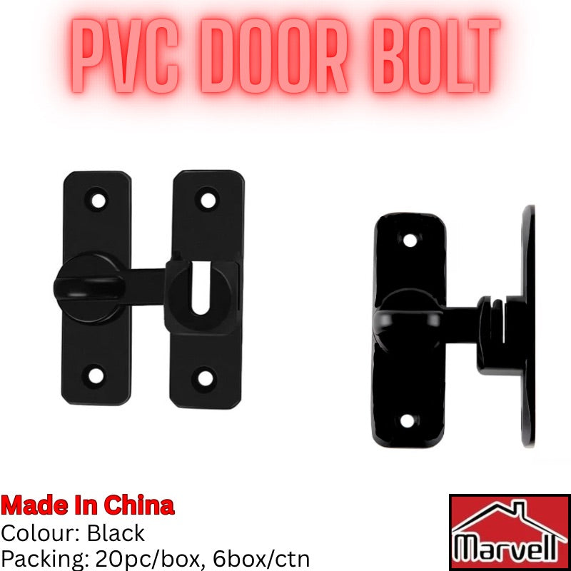 Two black PVC door bolts shown on a white background, with red text reading 'PVC DOOR BOLT' at the top and product details including 'Made in China', 'Colour: Black', and 'Packing: 20pc/box, 6box/ctn' at the bottom. A Marvel logo appears in the lower right corner.