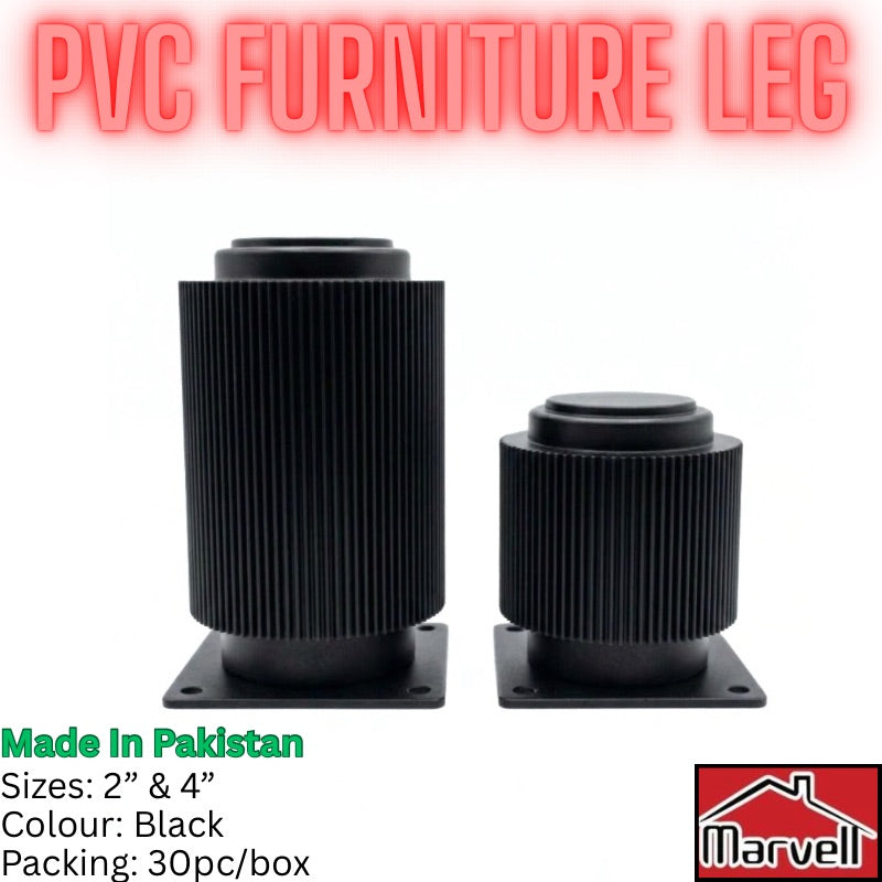 Two black PVC furniture legs of different sizes with square bases, shown on a white background with promotional text overlays.