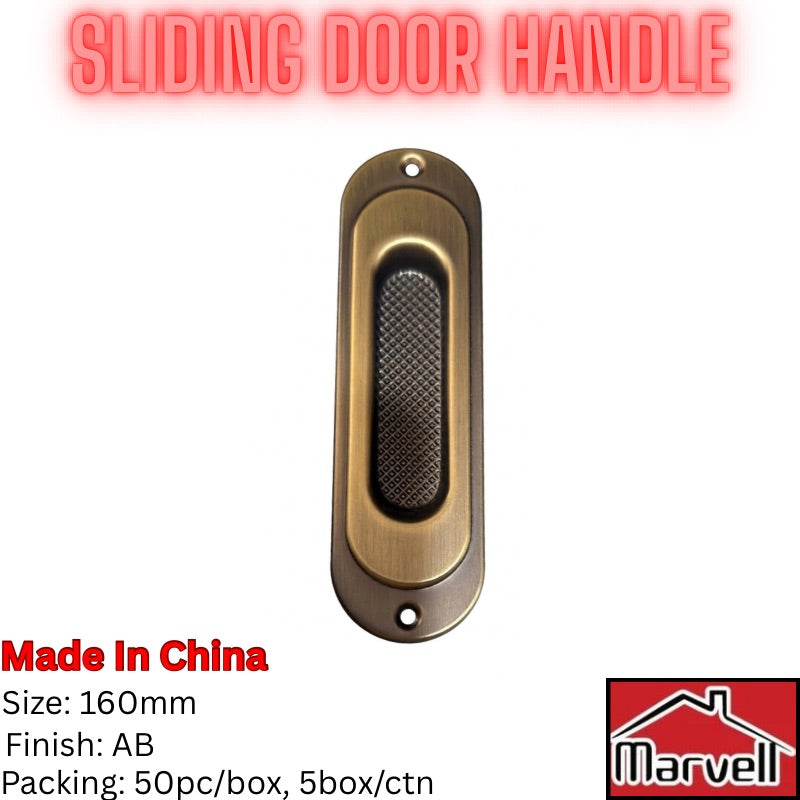 A vertical sliding door handle with a brushed brass/gold finish and a black mesh center, shown on a white background with red text reading 'SLIDING DOOR HANDLE' and product specs below. A Marvell logo appears in the bottom right corner.