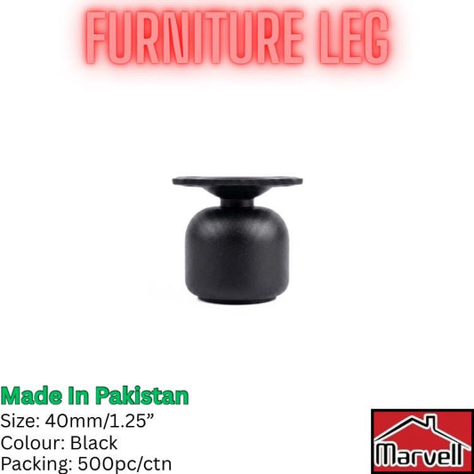 A single black cylindrical furniture leg with a flat circular top, shown on a white background with promotional text reading 'FURNITURE LEG' and product details including 'Made in Pakistan', 'Size: 40mm/1.25"', 'Colour: Black', and 'Packing: 500pc/ctn'.
