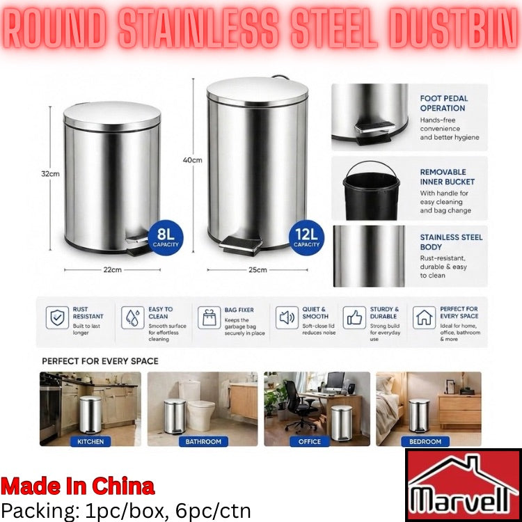 A promotional product graphic for a stainless steel dustbin. The main product is shown in two sizes (8L and 12L capacity) with dimension labels, alongside feature callouts such as foot pedal operation, removable inner bucket, and stainless steel body.