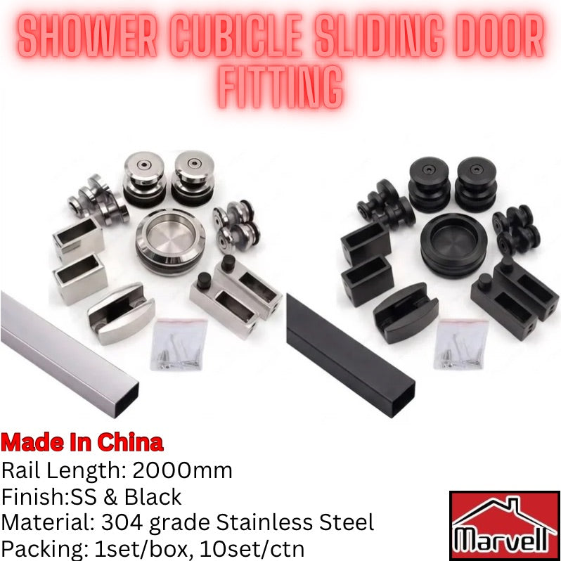 Shower cubicle sliding door fitting kit with stainless steel rollers, brackets, clips, and black rubber seals, shown on a white background with text specifications and a Marvell logo.