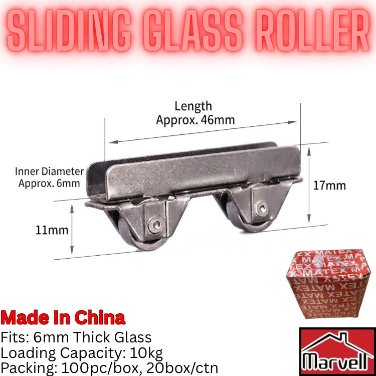 A metal sliding glass roller with dimension annotations showing length approx. 46mm, inner diameter approx.
