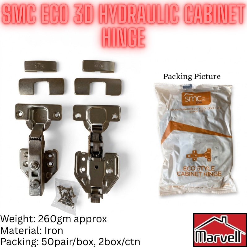 SMC Eco 3D Hydraulic Cabinet Hinge replacement parts set, showing two metal hinges, four mounting brackets, screws, and a branded plastic packaging bag on a white background with text overlays.