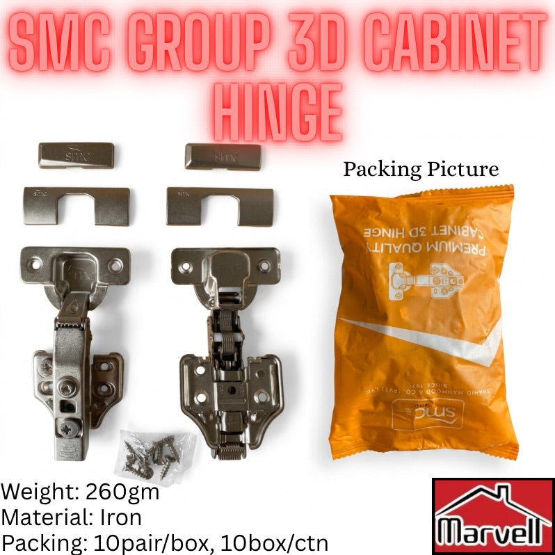 SMC Group 3D cabinet hinge hardware set shown on a white background, including two hinge assemblies, mounting brackets, screws, and an orange product pouch. Large text reads 'SMC GROUP 3D CABINET HINGE' with additional specs and a Marvel logo in the corner.