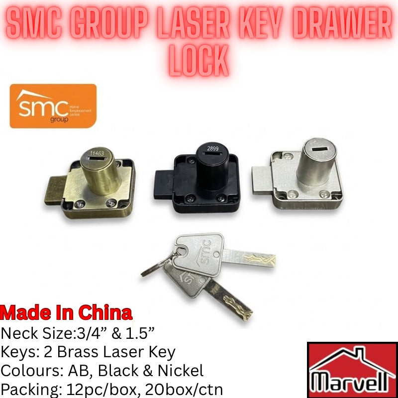 SMC Group laser key drawer locks in antique brass black and nickel finishes with two brass laser keys
