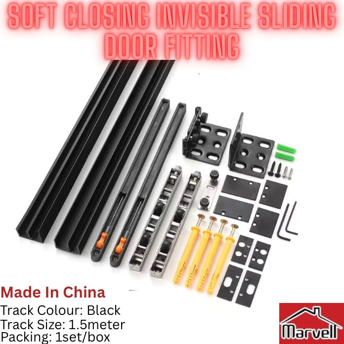 Set of soft closing invisible sliding door fitting components with tools on a white background, featuring the Marvel brand.