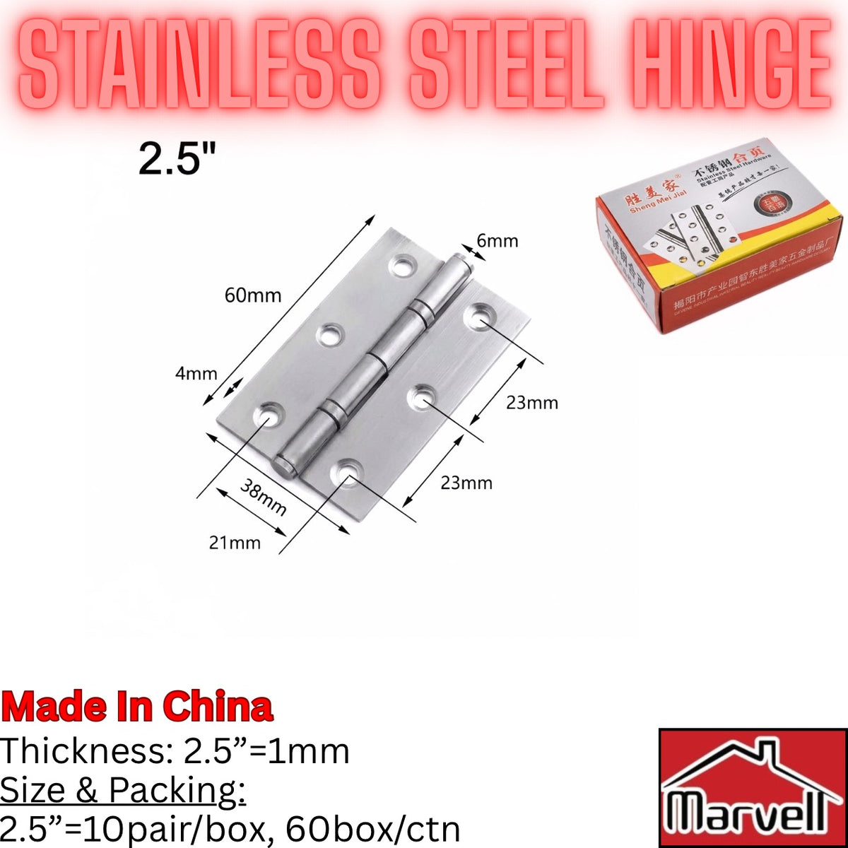 A stainless steel 2.5-inch cabinet hinge shown with dimension callouts, alongside its retail box and large text reading 'STAINLESS STEEL HINGE' and 'Made In China'.