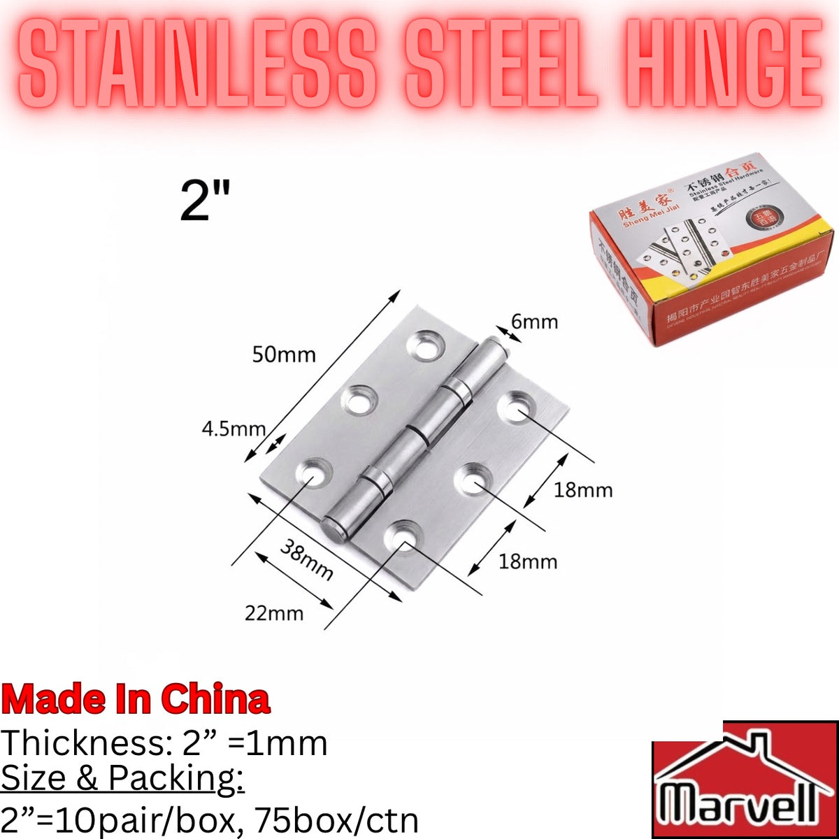 Stainless steel butt hinges available in 2 inch 2.5 inch and 3 inch sizes with box packaging