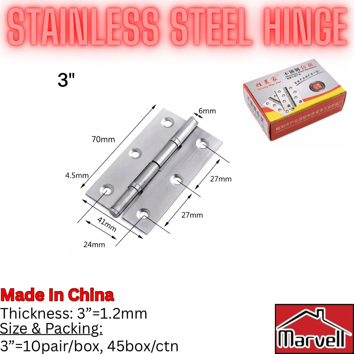 Stainless steel butt hinges available in 2 inch 2.5 inch and 3 inch sizes with box packaging.