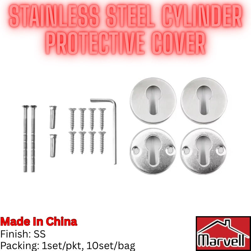 Stainless steel cylinder protective cover kit with four round metal plates, four mounting screws, two long screws, a small hex key, and text reading 'STAINLESS STEEL CYLINDER PROTECTIVE COVER' on a white background, with a Marvel logo in the bottom right.