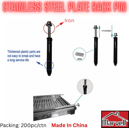 Stainless steel plate rack pin with spring loaded adjustable support for kitchen dish racks