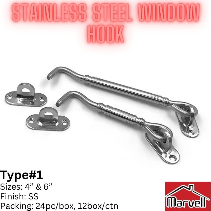 Stainless steel window hooks with product details on a white background