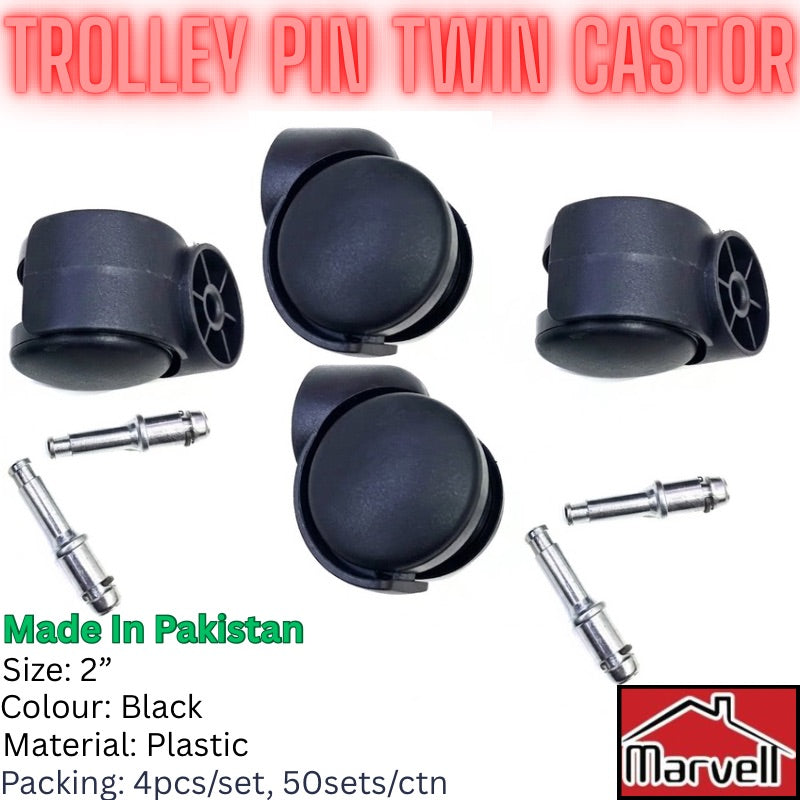 Four black plastic twin caster wheels with four silver metal pin connectors, displayed on a white background with text detailing product specifications and a Marvell brand logo.