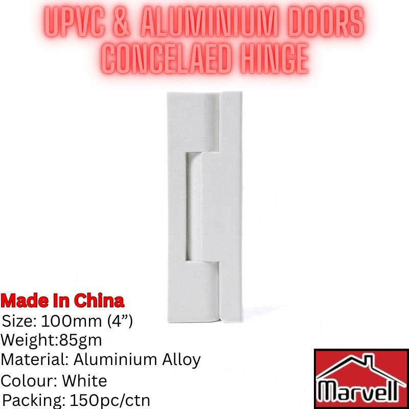 A white concealed hinge for UPVC and aluminium doors, shown on a plain white background with red and black text detailing its specifications and a Marvell brand logo in the bottom right corner.