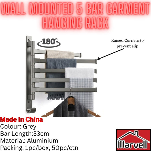 Wall-mounted 5-bar garment hanging rack in grey aluminum, shown with towels and a jacket on the bars. The image includes promotional text such as 'WALL MOUNTED 5 BAR GARMENT HANGING RACK,' '180°,' 'Raised Corners to prevent slip,' and product specs, plus a Marvell logo.