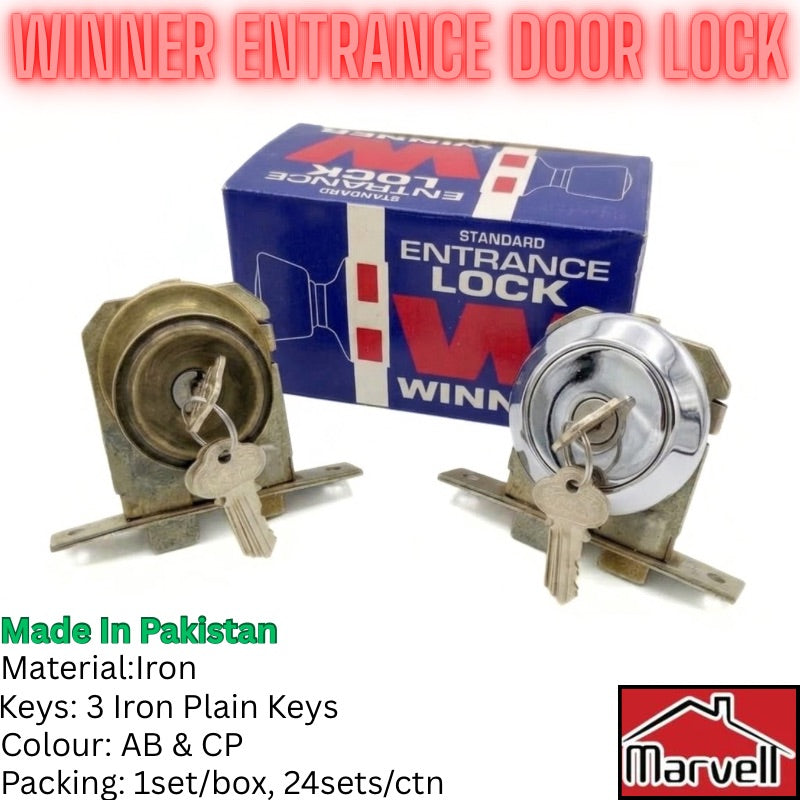 Two WINN Standard Entrance Door Locks shown with their blue retail box on a white background, plus text listing included keys and specifications. One lock is brushed brass and one is polished chrome, each with a key attached.