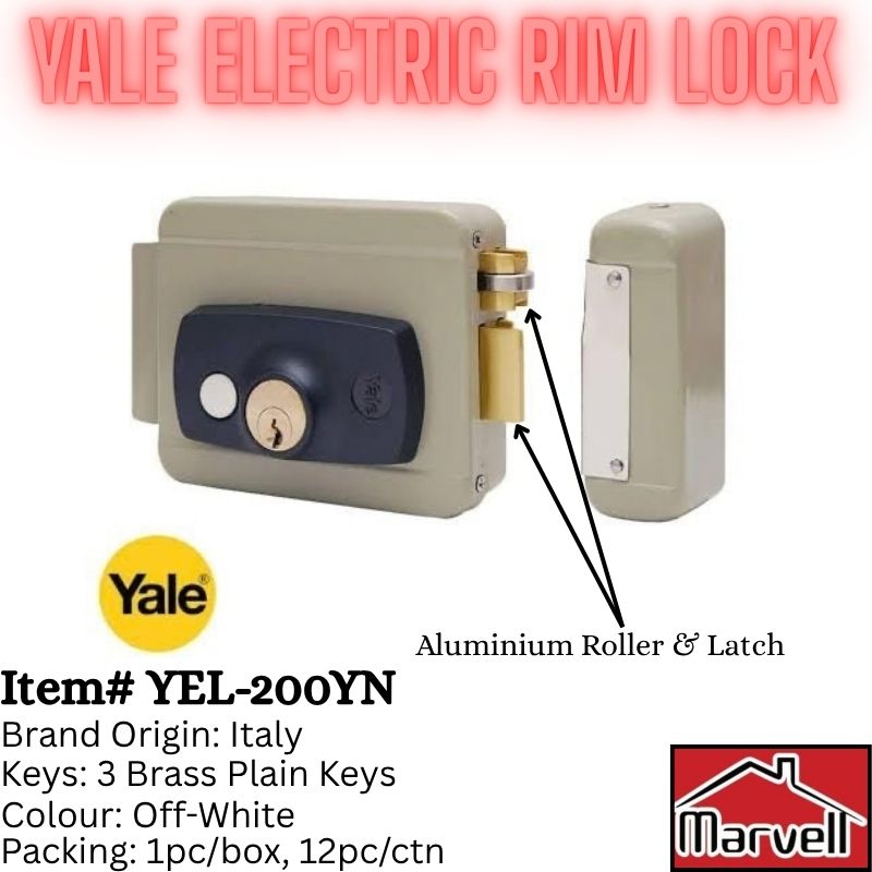 Yale electric rim lock door lock with a beige latched body, dark blue control panel, brass key cylinder, and an aluminium roller latch, shown on a white background with text and Yale/Marvell logos.