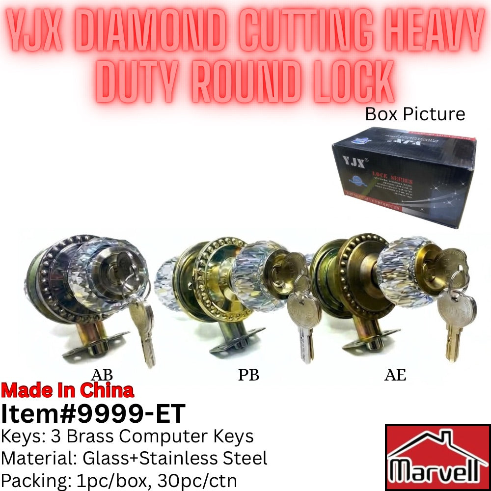 Three heavy-duty round door lock cylinders shown on a white background, labeled AB, PB, and AE, with brass keys attached. Large red text at the top reads 'VJX DIAMOND CUTTING HEAVY DUTY ROUND LOCK,' and a small product box is pictured in the upper right.